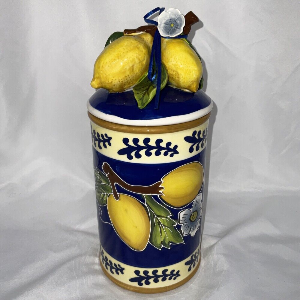 NWT BLUE SKY CLAYWORKS LEMON JUICE BLUE YELLOW WHITE SMALL CANISTER COOKIE JAR